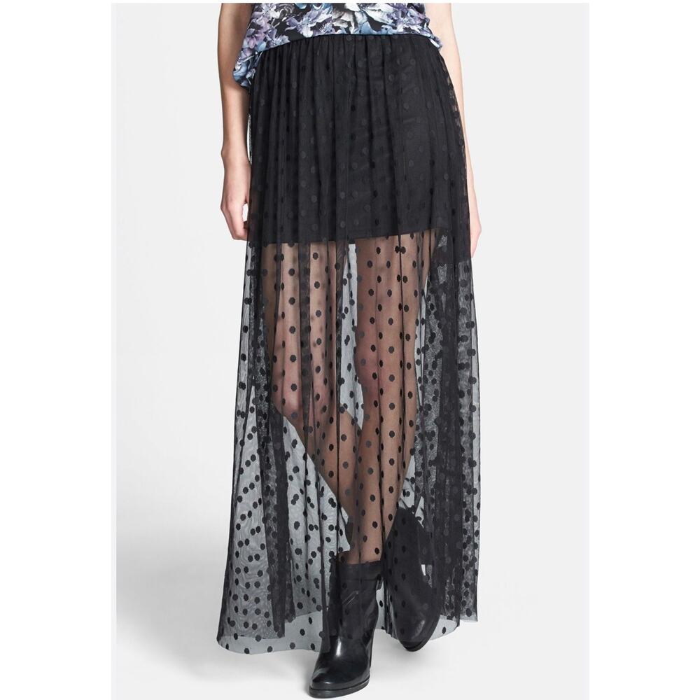 ASTR Blk Sheer Polka Dot Maxi Skirt M Tulle Mesh Gothic Romantic Gothic/Grunge